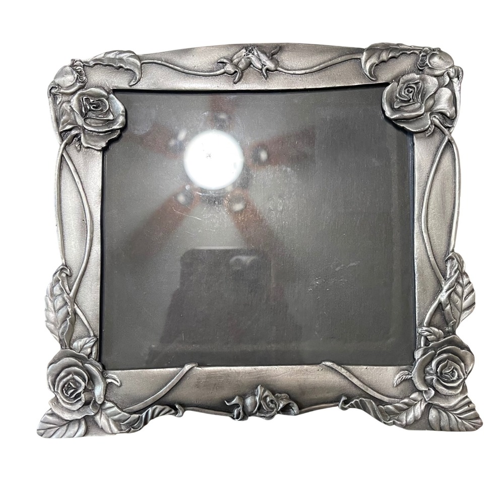 Vtg silver Mid Century Modern 5x5.5 Picture Frame Ornate Etched filigree pewter